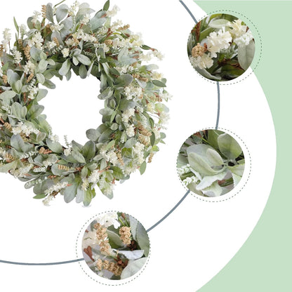 24 Inch Summer Spring Ivory Flowers Wreath for Front Door, Everyday Lamb Ears Leaves Wreath with White Artificial Flower for Indoor and Outdoor, Rustic and Farmhouse Greenery Flower