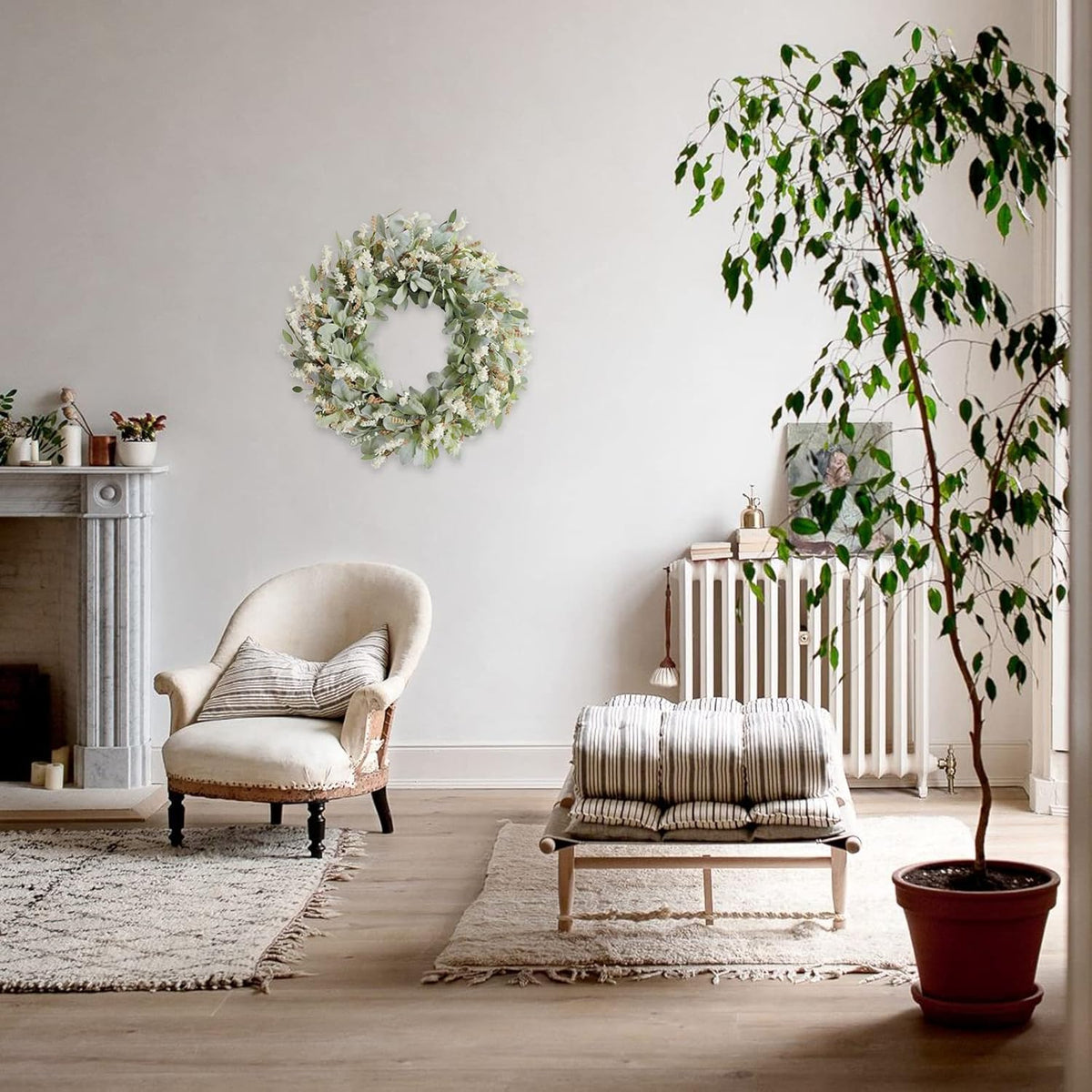 24 Inch Summer Spring Ivory Flowers Wreath for Front Door, Everyday Lamb Ears Leaves Wreath with White Artificial Flower for Indoor and Outdoor, Rustic and Farmhouse Greenery Flower