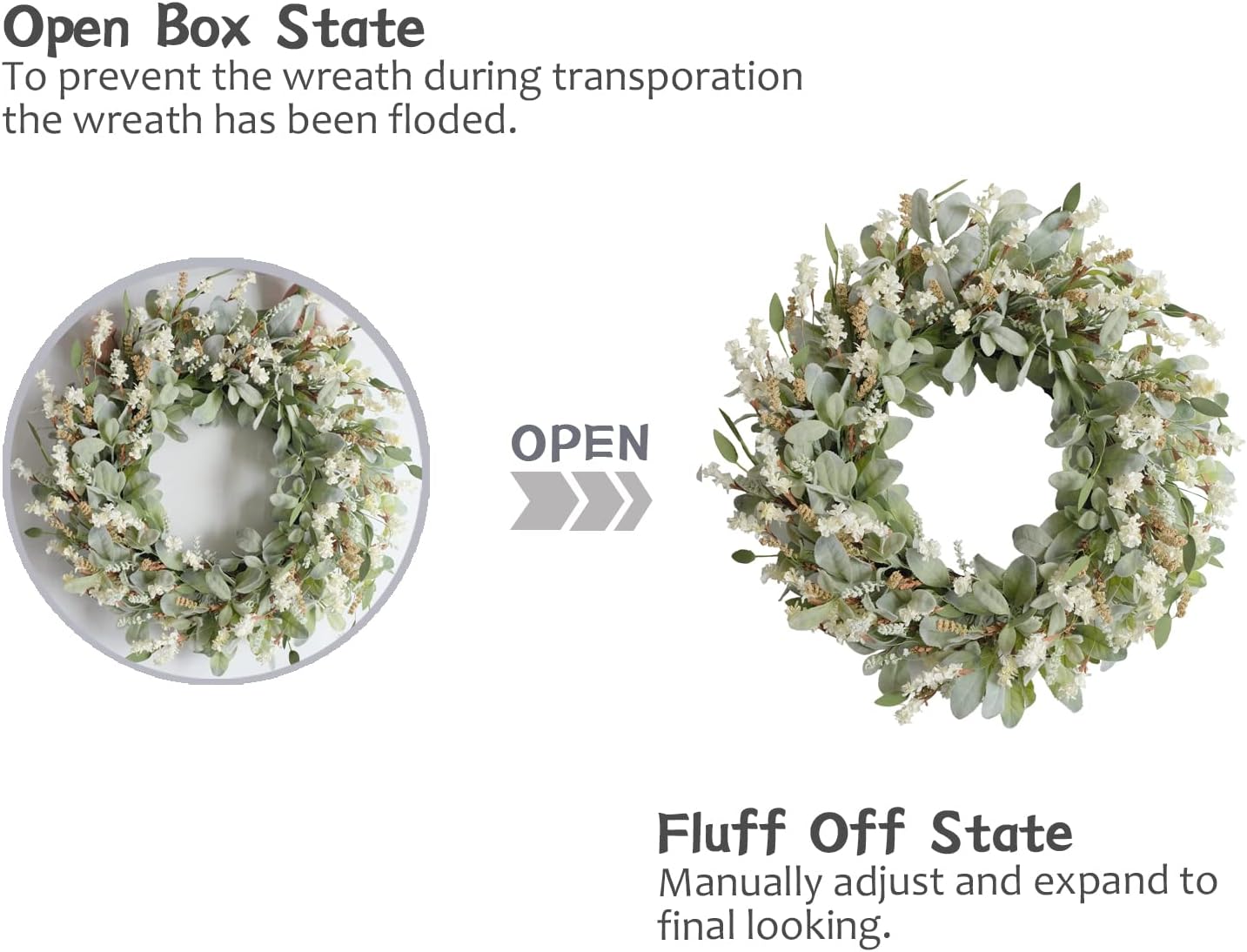 24 Inch Summer Spring Ivory Flowers Wreath for Front Door, Everyday Lamb Ears Leaves Wreath with White Artificial Flower for Indoor and Outdoor, Rustic and Farmhouse Greenery Flower