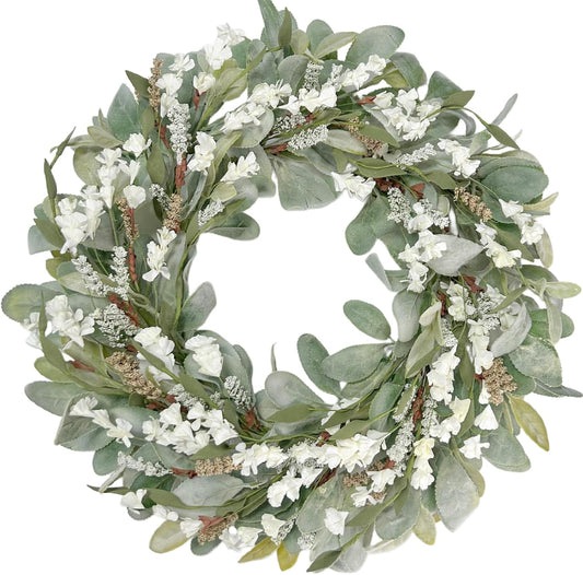22 Inch Spring Summer Lamb Ears Leaves Wreath with Ivory Forsythia Flower, Year Round Greenery Floral Wreath for Front Door, All Seasons Rustic Farmhouse Everyday Wreath for Indoor Outdoor Decor