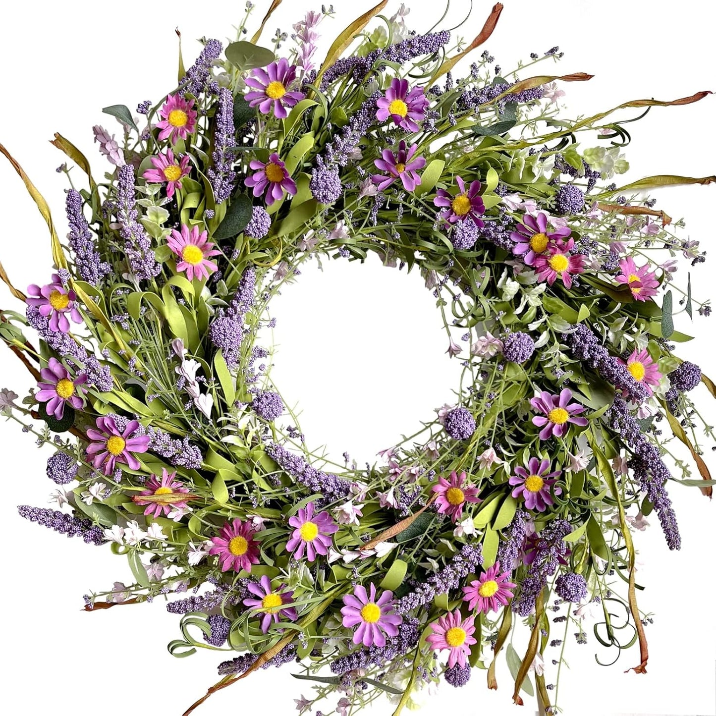 24 Inch Spring and Everyday Greenery Wild Flower Wreath for Front Door, Mixed Green Leaves and Flower Wreath for Indoor and Outdoor Use, Everyday Home Decor