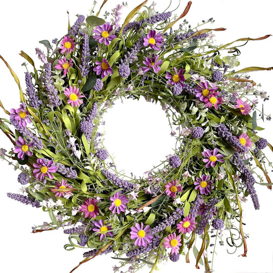 24 Inch Spring and Everyday Greenery Wild Flower Wreath for Front Door, Mixed Green Leaves and Flower Wreath for Indoor and Outdoor Use, Everyday Home Decor