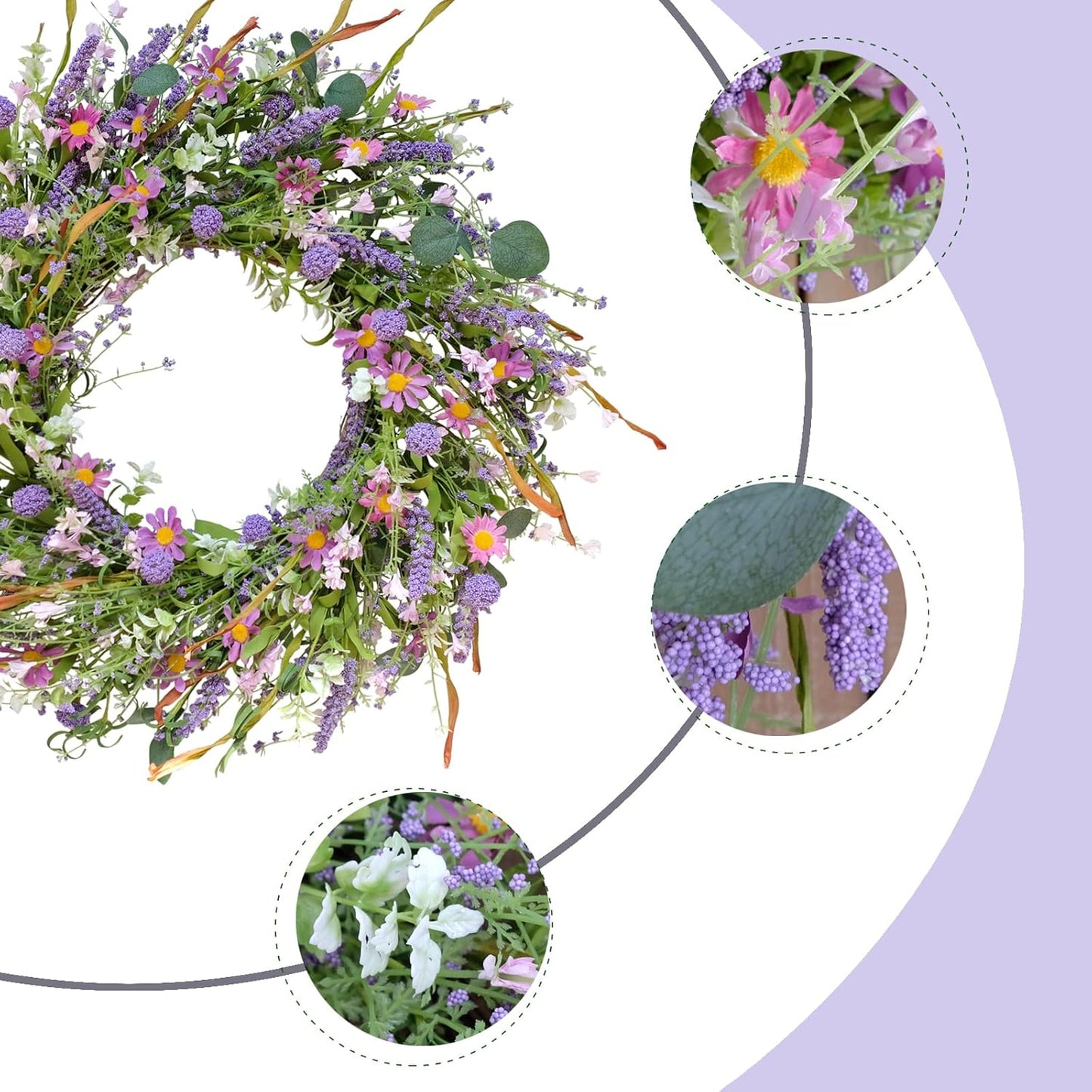 24 Inch Spring and Everyday Greenery Wild Flower Wreath for Front Door, Mixed Green Leaves and Flower Wreath for Indoor and Outdoor Use, Everyday Home Decor