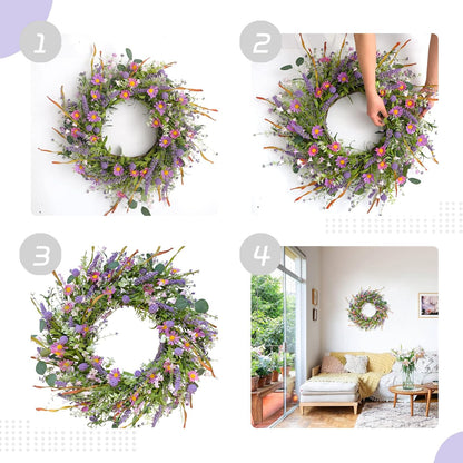 24 Inch Spring and Everyday Greenery Wild Flower Wreath for Front Door, Mixed Green Leaves and Flower Wreath for Indoor and Outdoor Use, Everyday Home Decor