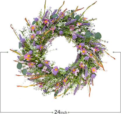 24 Inch Spring and Everyday Greenery Wild Flower Wreath for Front Door, Mixed Green Leaves and Flower Wreath for Indoor and Outdoor Use, Everyday Home Decor