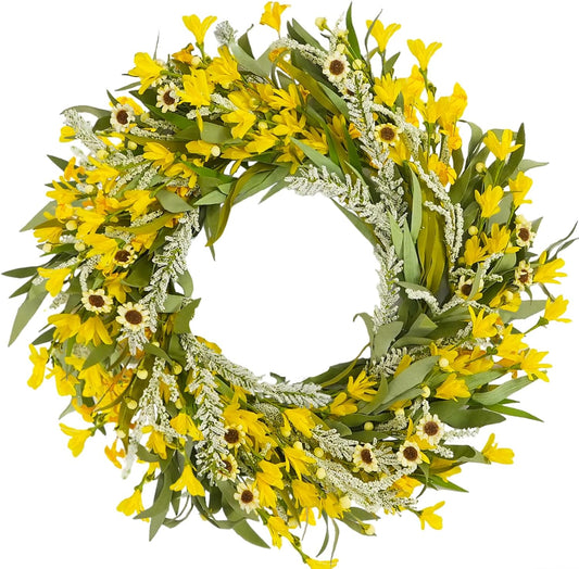 24 Inch Spring Yellow Forsythia Flower Wreath for Front Door, All Season Door Decor Wreath with Yellow Sunflower Greenery Leaves for Indoor Outdoor, Floral Wreaths for Doors Windows Walls