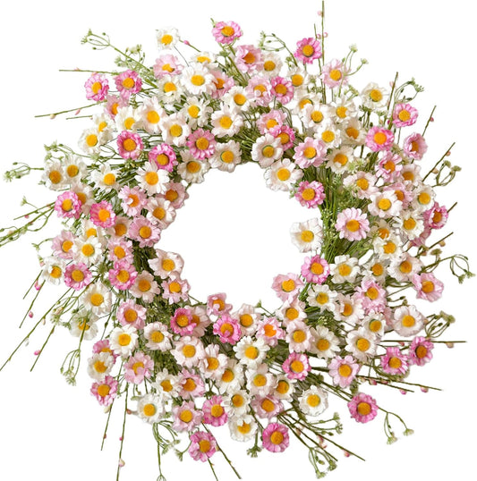 24 Inch Spring Wreaths for Front Door - Artificial Flower Wreath with Baby Pink & Cream Daisy, Summer Floral Wreath for Front Door, Farmhouse Spring Door Wreath for Indoor Outdoor Home Decor