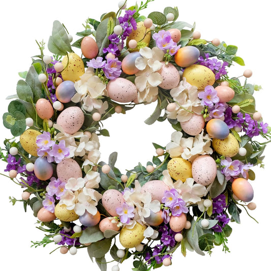 20 Inch Easter Eggs Hydrangea Flower Wreath for Front Door, Spring Summer Lamb Ear Eggs Floral Wreath with Berries for Indoor Outdoor, Easter Home Decor