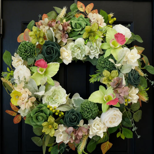 22 Inch Green Orchid Spring Everyday Wreath for Front Door, Indoor Outdoor, Rustic Farmhouse Style, Artificial Flowers and Foliage