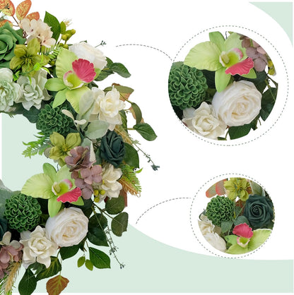 22 Inch Green Orchid Spring Everyday Wreath for Front Door, Indoor Outdoor, Rustic Farmhouse Style, Artificial Flowers and Foliage