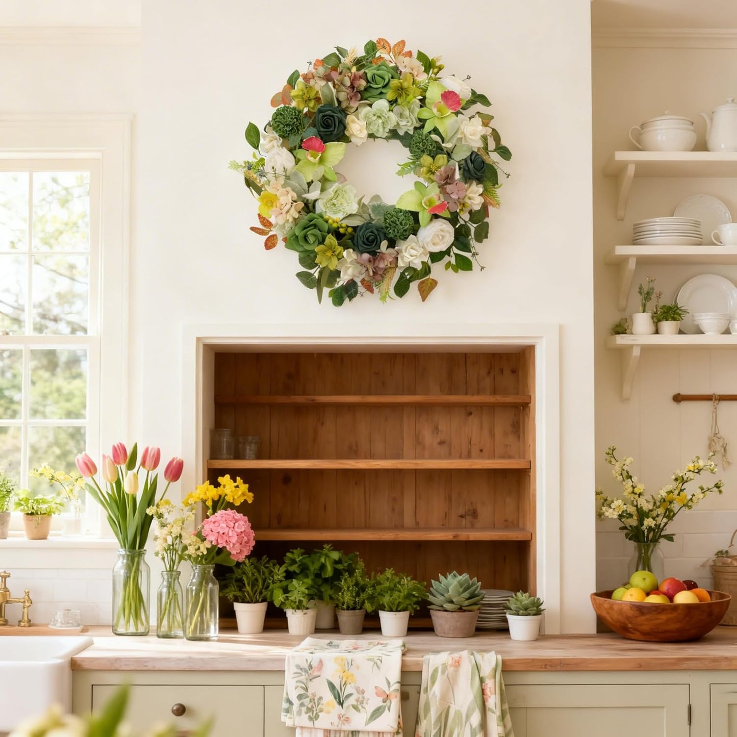 22 Inch Green Orchid Spring Everyday Wreath for Front Door, Indoor Outdoor, Rustic Farmhouse Style, Artificial Flowers and Foliage