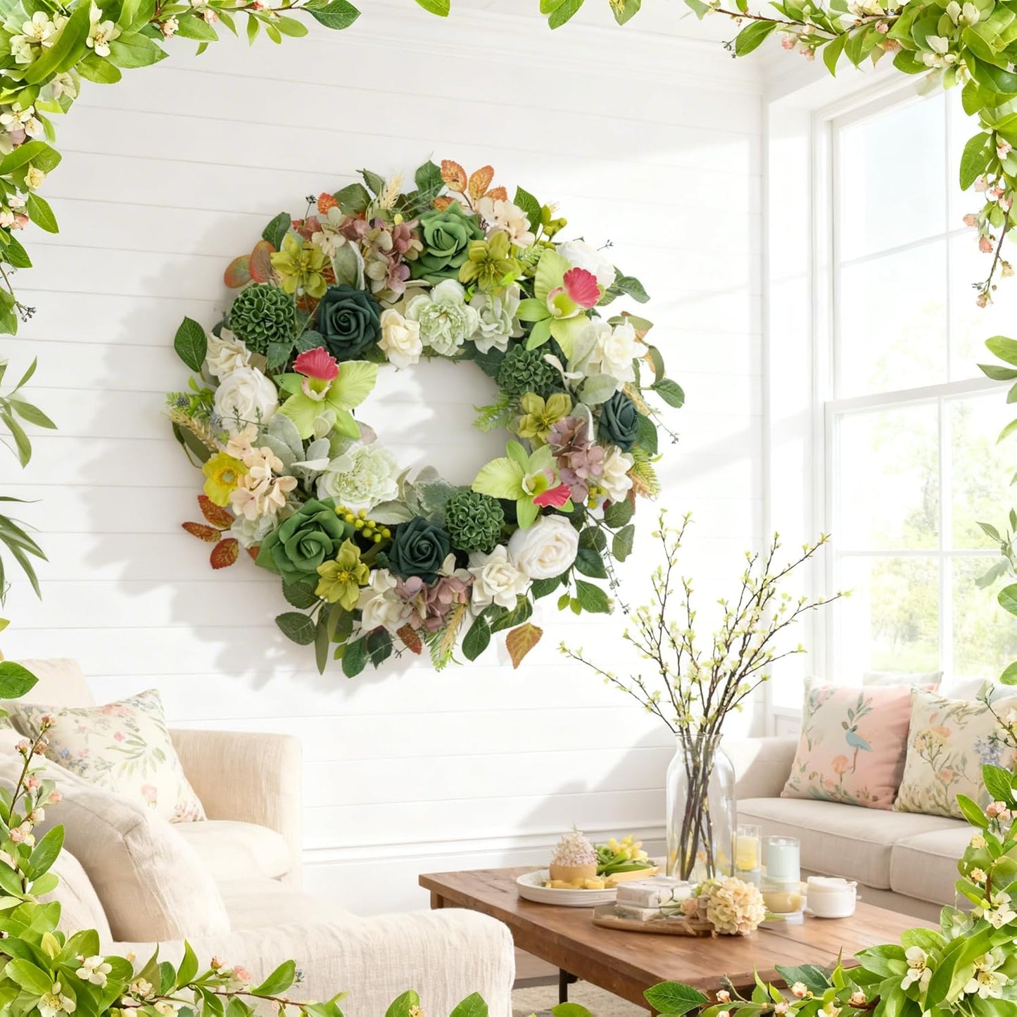 22 Inch Green Orchid Spring Everyday Wreath for Front Door, Indoor Outdoor, Rustic Farmhouse Style, Artificial Flowers and Foliage