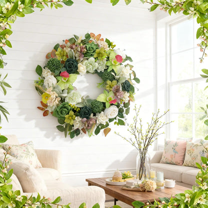 22 Inch Green Orchid Spring Everyday Wreath for Front Door, Indoor Outdoor, Rustic Farmhouse Style, Artificial Flowers and Foliage