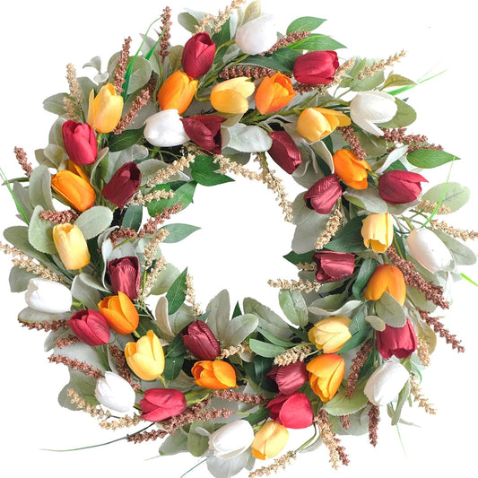 24 Inch Spring Summer Tulip Wreath for Front Door - Artificial Flower Wreath with Lambs Ear Leaves & Grains, Colorful Floral Wreaths for Indoor Outdoor, Everyday Spring Door Decor
