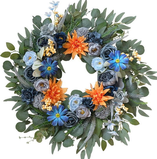 22" Blue Wreath for Front Door - Spring Summer Everyday Floral Wreath with Peony, Dahlia, Daisy & Roses, Artificial Flower Wreath with Eucalyptus for Indoor Outdoor Home Decor, Year Round Wreath