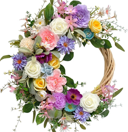 22 Inch Spring Summer Flower Wreath, Ivory Vine Roses Peony Wild Flowers, Artificial Floral Wreath for Home Decor