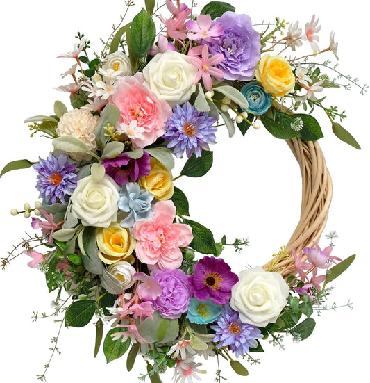 22 Inch Spring Summer Flower Wreath, Ivory Vine Roses Peony Wild Flowers, Artificial Floral Wreath for Home Decor