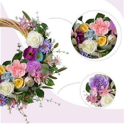 22 Inch Spring Summer Flower Wreath, Ivory Vine Roses Peony Wild Flowers, Artificial Floral Wreath for Home Decor