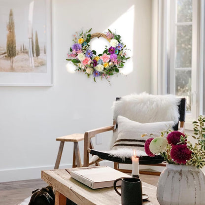 22 Inch Spring Summer Flower Wreath, Ivory Vine Roses Peony Wild Flowers, Artificial Floral Wreath for Home Decor