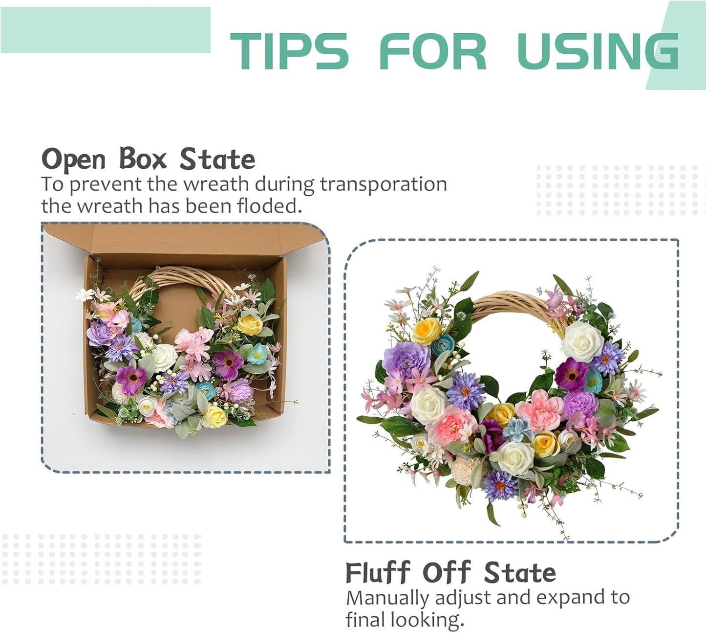 22 Inch Spring Summer Flower Wreath, Ivory Vine Roses Peony Wild Flowers, Artificial Floral Wreath for Home Decor