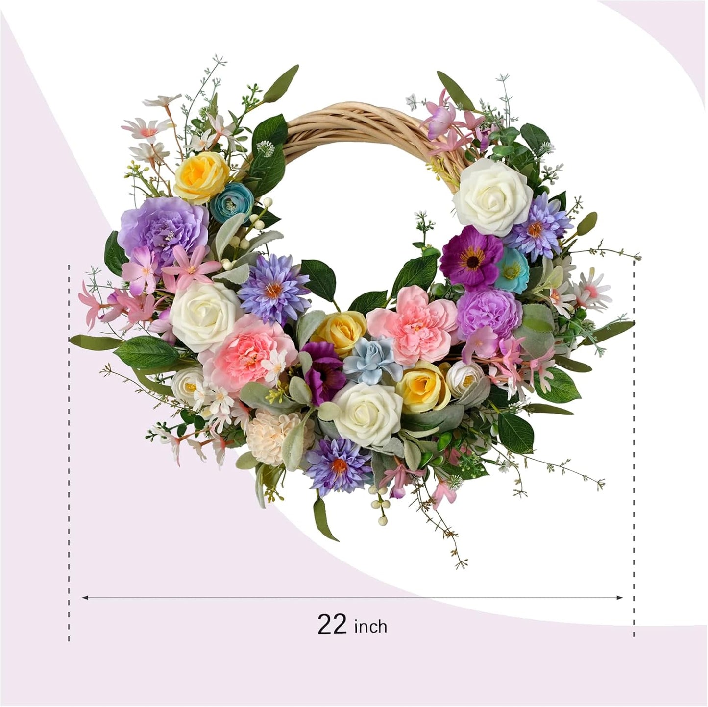 22 Inch Spring Summer Flower Wreath, Ivory Vine Roses Peony Wild Flowers, Artificial Floral Wreath for Home Decor
