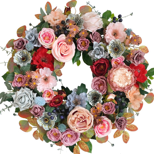 22 Inches Spring Summer Everyday Flower Wreath for Front Door, Artificial Roses Peony Wild Flowers Wreath for Indoor Outdoor, Green Leaves Floral for Home Decor