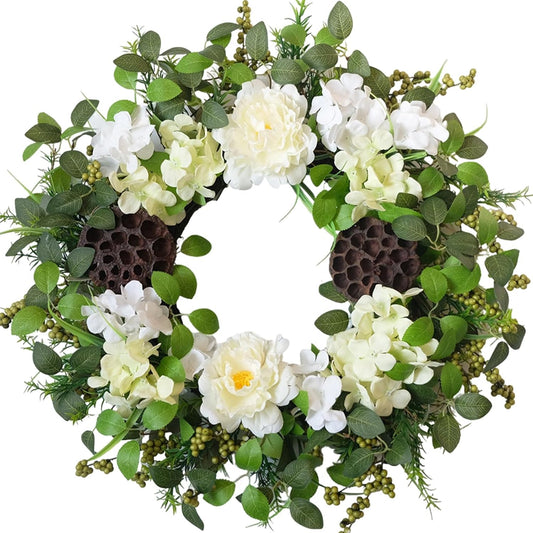 24 Inch Spring Hydrangea Flower Wreath for Front Door, Spring Summer Penoy Lotus Pod Wreath Indoor Outdoor, Rustic Farmhouse Everyday Floral Wreaths