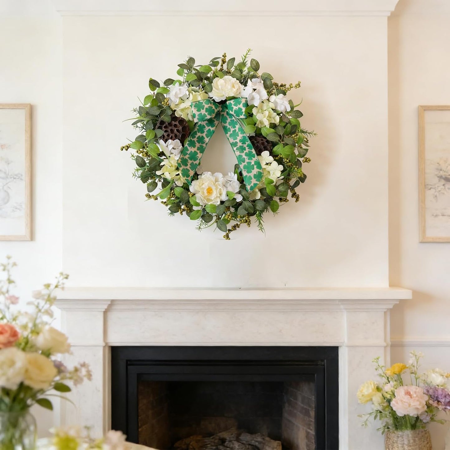 24 Inch Spring Hydrangea Flower Wreath for Front Door, Spring Summer Penoy Lotus Pod Wreath Indoor Outdoor, Rustic Farmhouse Everyday Floral Wreaths