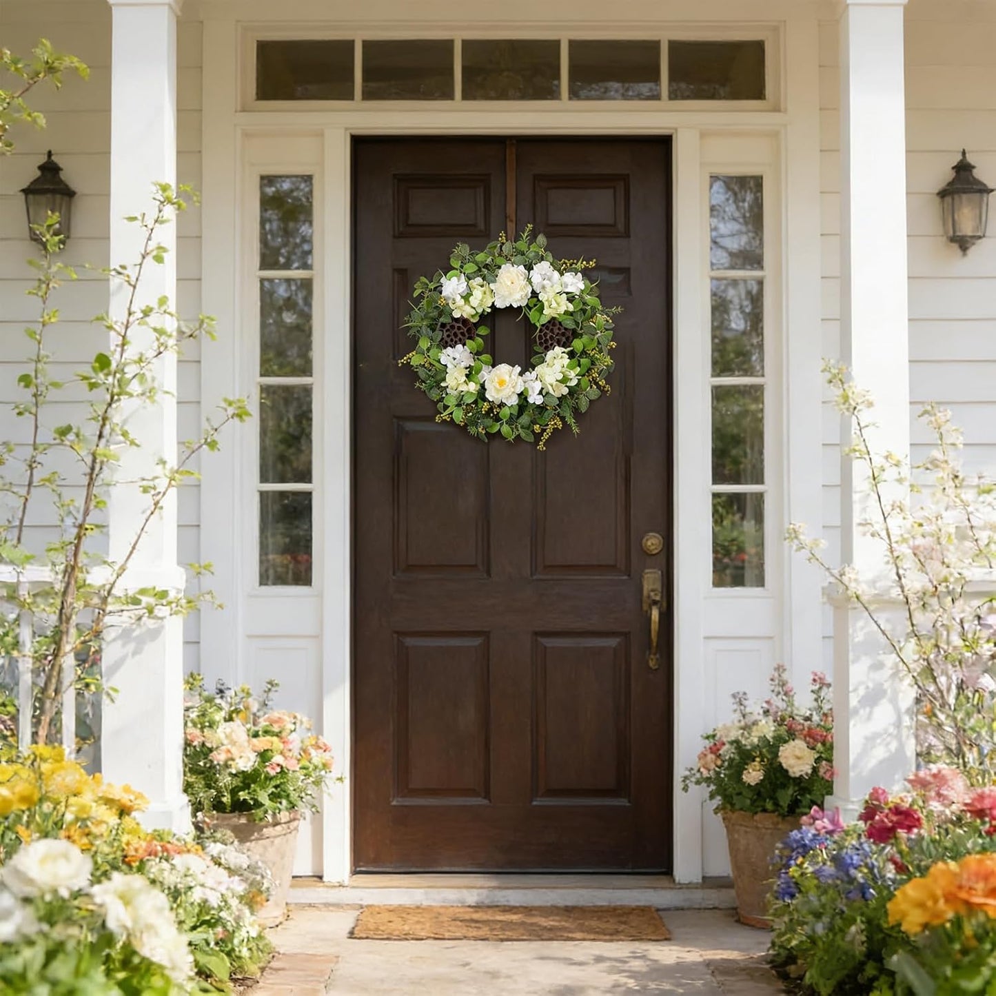 24 Inch Spring Hydrangea Flower Wreath for Front Door, Spring Summer Penoy Lotus Pod Wreath Indoor Outdoor, Rustic Farmhouse Everyday Floral Wreaths