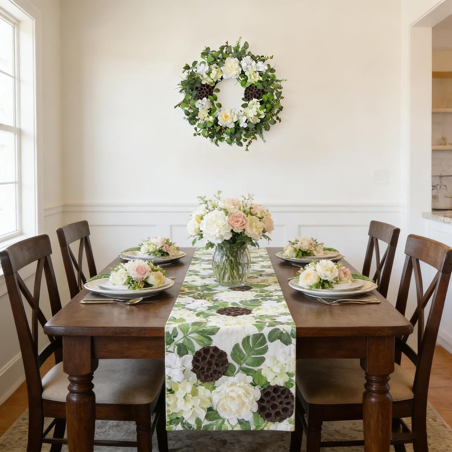 24 Inch Spring Hydrangea Flower Wreath for Front Door, Spring Summer Penoy Lotus Pod Wreath Indoor Outdoor, Rustic Farmhouse Everyday Floral Wreaths
