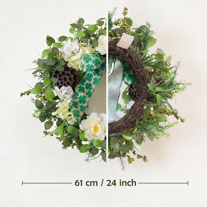 24 Inch Spring Hydrangea Flower Wreath for Front Door, Spring Summer Penoy Lotus Pod Wreath Indoor Outdoor, Rustic Farmhouse Everyday Floral Wreaths
