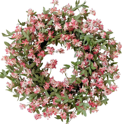 Rose Pink Forsythia Flower Wreath for Front Door, Spring Summer Everyday Artificial Flower Wreath for Indoor Outdoor, Rustic Farmhouse Forsythia Wreath for Anniversary Wedding Valentine