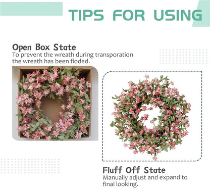 Rose Pink Forsythia Flower Wreath for Front Door, Spring Summer Everyday Artificial Flower Wreath for Indoor Outdoor, Rustic Farmhouse Forsythia Wreath for Anniversary Wedding Valentine