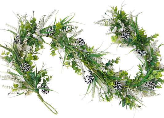 6 Ft Spring Green Boxwood Garland for Mantle, Greenery Spring Summer Garland with White Flowers for Fireplace, Rustic Farmhouse Indoor Outdoor Decor