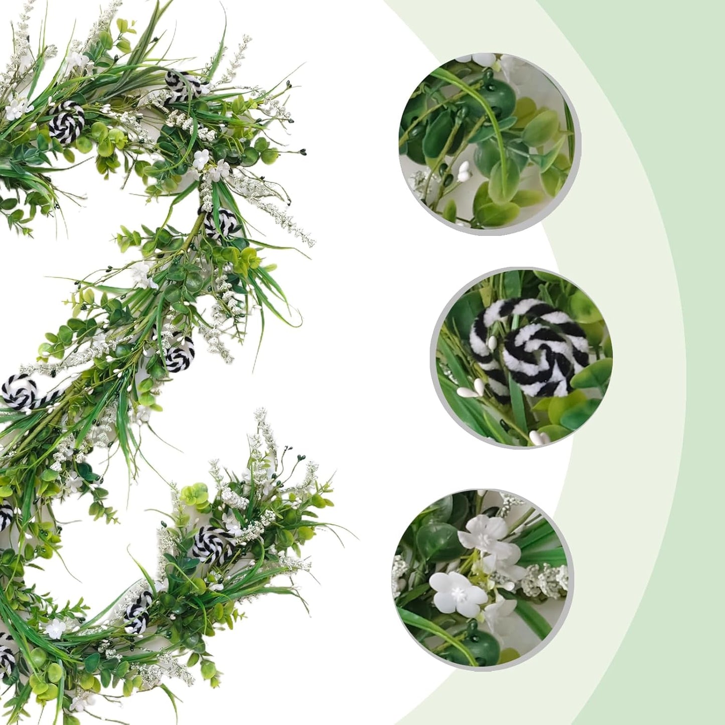6 Ft Spring Green Boxwood Garland for Mantle, Greenery Spring Summer Garland with White Flowers for Fireplace, Rustic Farmhouse Indoor Outdoor Decor