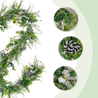 6 Ft Spring Green Boxwood Garland for Mantle, Greenery Spring Summer Garland with White Flowers for Fireplace, Rustic Farmhouse Indoor Outdoor Decor