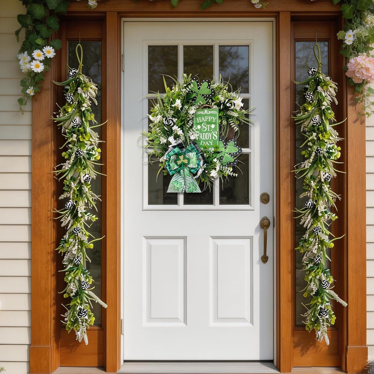 6 Ft Spring Green Boxwood Garland for Mantle, Greenery Spring Summer Garland with White Flowers for Fireplace, Rustic Farmhouse Indoor Outdoor Decor