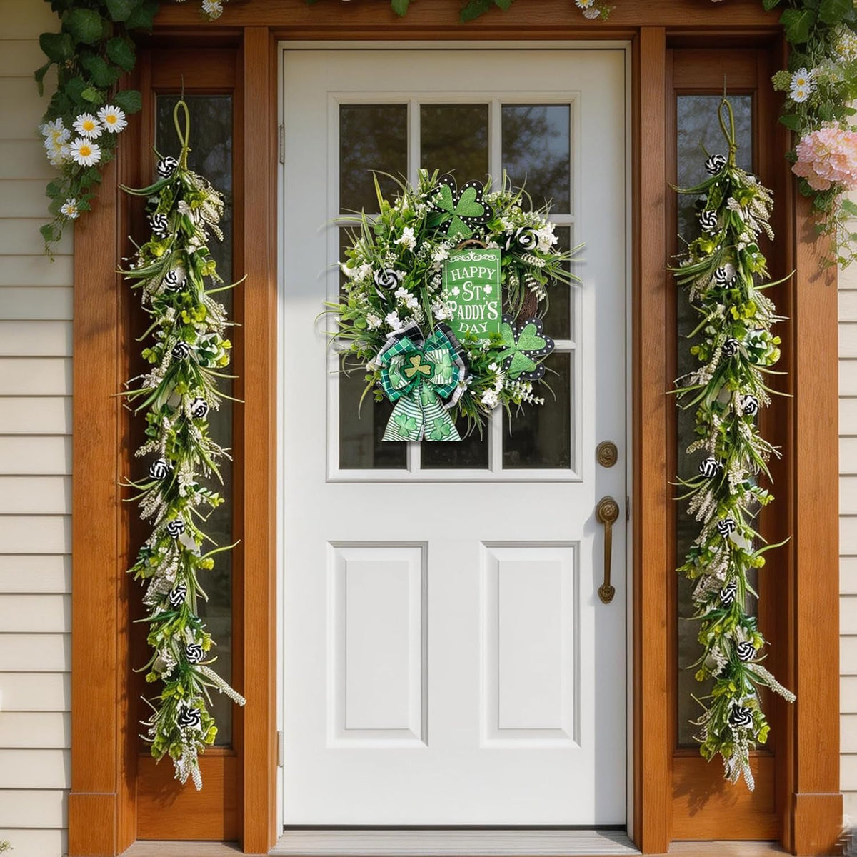 6 Ft Spring Green Boxwood Garland for Mantle, Greenery Spring Summer Garland with White Flowers for Fireplace, Rustic Farmhouse Indoor Outdoor Decor