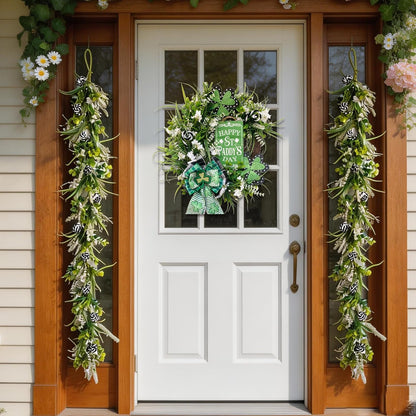 6 Ft Spring Green Boxwood Garland for Mantle, Greenery Spring Summer Garland with White Flowers for Fireplace, Rustic Farmhouse Indoor Outdoor Decor