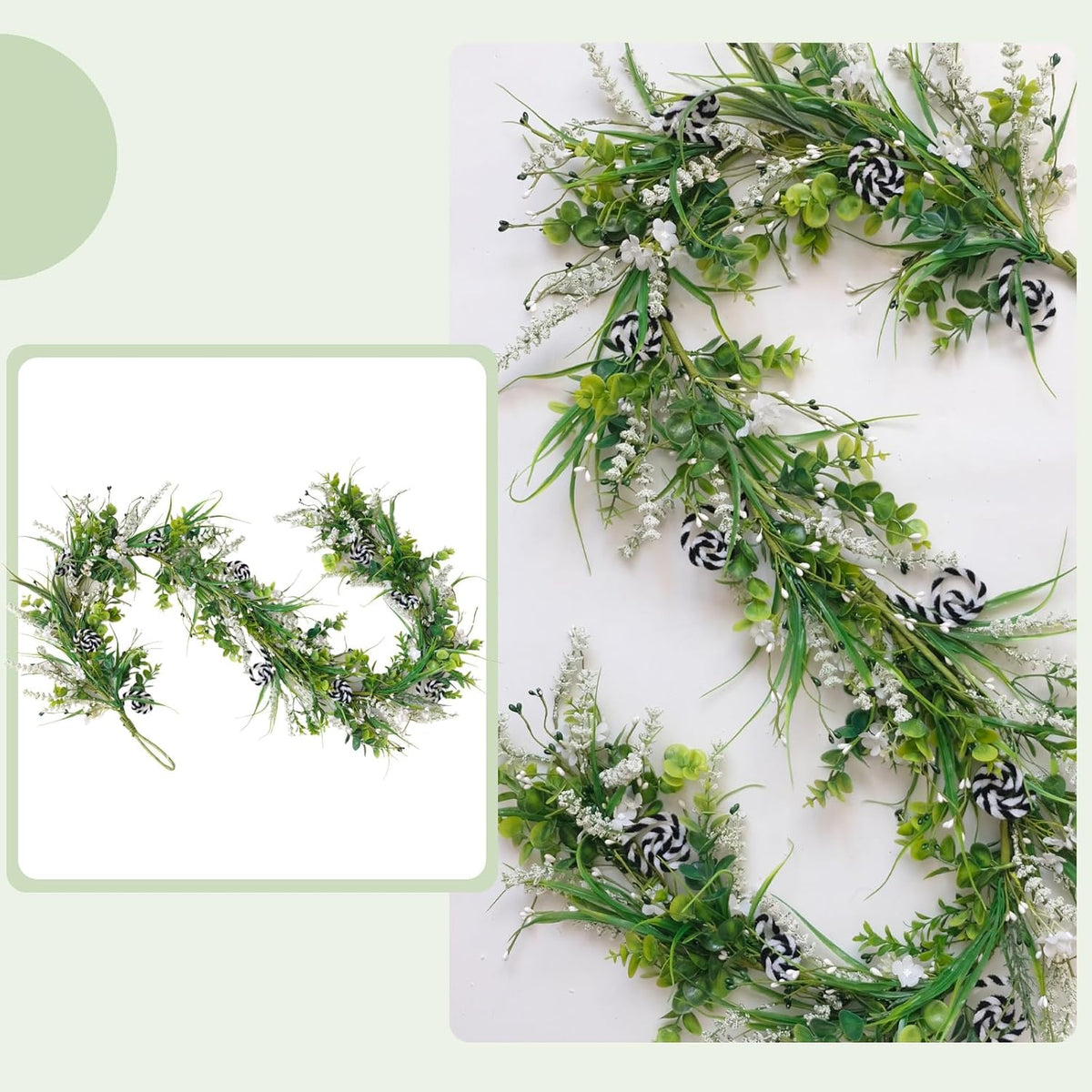 6 Ft Spring Green Boxwood Garland for Mantle, Greenery Spring Summer Garland with White Flowers for Fireplace, Rustic Farmhouse Indoor Outdoor Decor