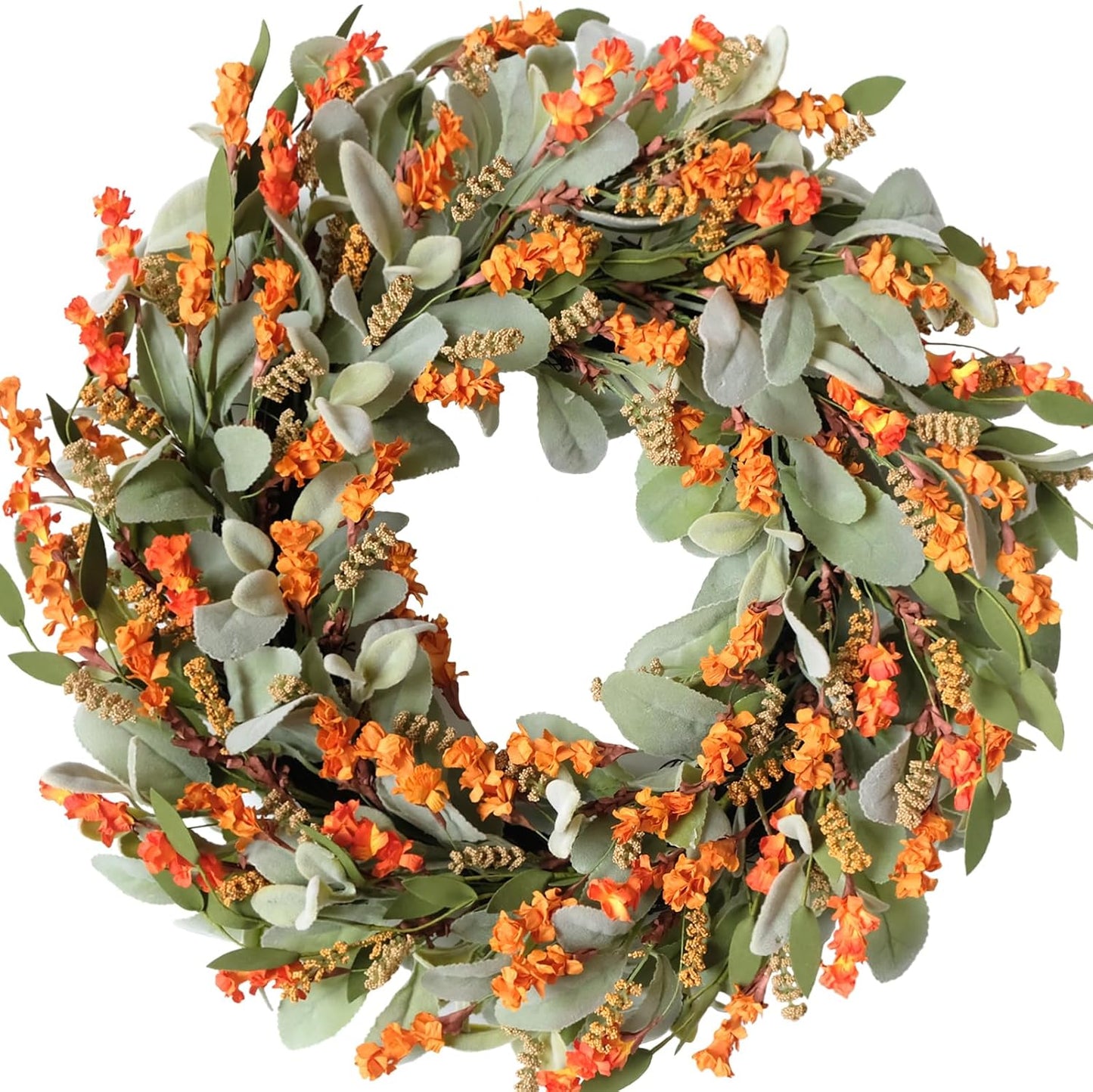 20 Inch Fall Wreath Harvest Orange Flowers Grain Wreath for Front Door, Everyday Lamb Ears Leaves with Yellow Orange Artificial Flower Wreaths for Indoor and Outdoor, Rustic and Farmhouse Wreaths