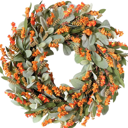 20 Inch Fall Wreath Harvest Orange Flowers Grain Wreath for Front Door, Everyday Lamb Ears Leaves with Yellow Orange Artificial Flower Wreaths for Indoor and Outdoor, Rustic and Farmhouse Wreaths