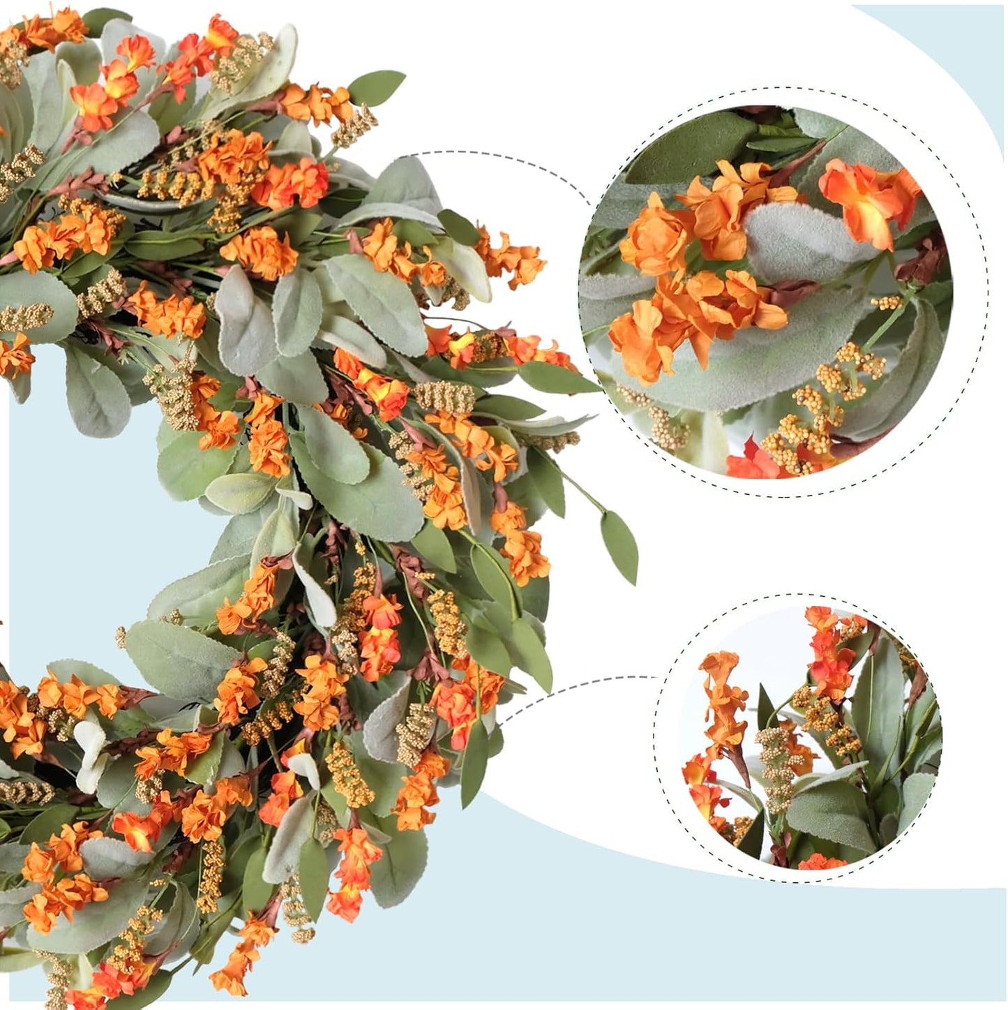 20 Inch Fall Wreath Harvest Orange Flowers Grain Wreath for Front Door, Everyday Lamb Ears Leaves with Yellow Orange Artificial Flower Wreaths for Indoor and Outdoor, Rustic and Farmhouse Wreaths