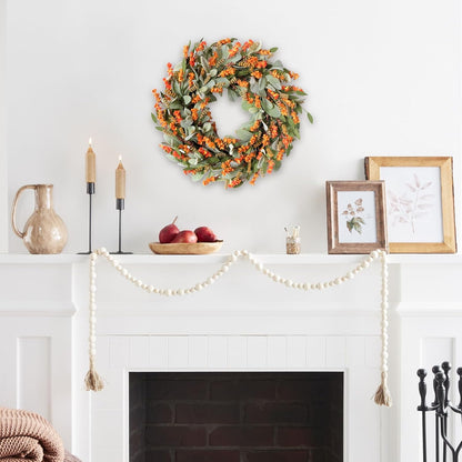20 Inch Fall Wreath Harvest Orange Flowers Grain Wreath for Front Door, Everyday Lamb Ears Leaves with Yellow Orange Artificial Flower Wreaths for Indoor and Outdoor, Rustic and Farmhouse Wreaths