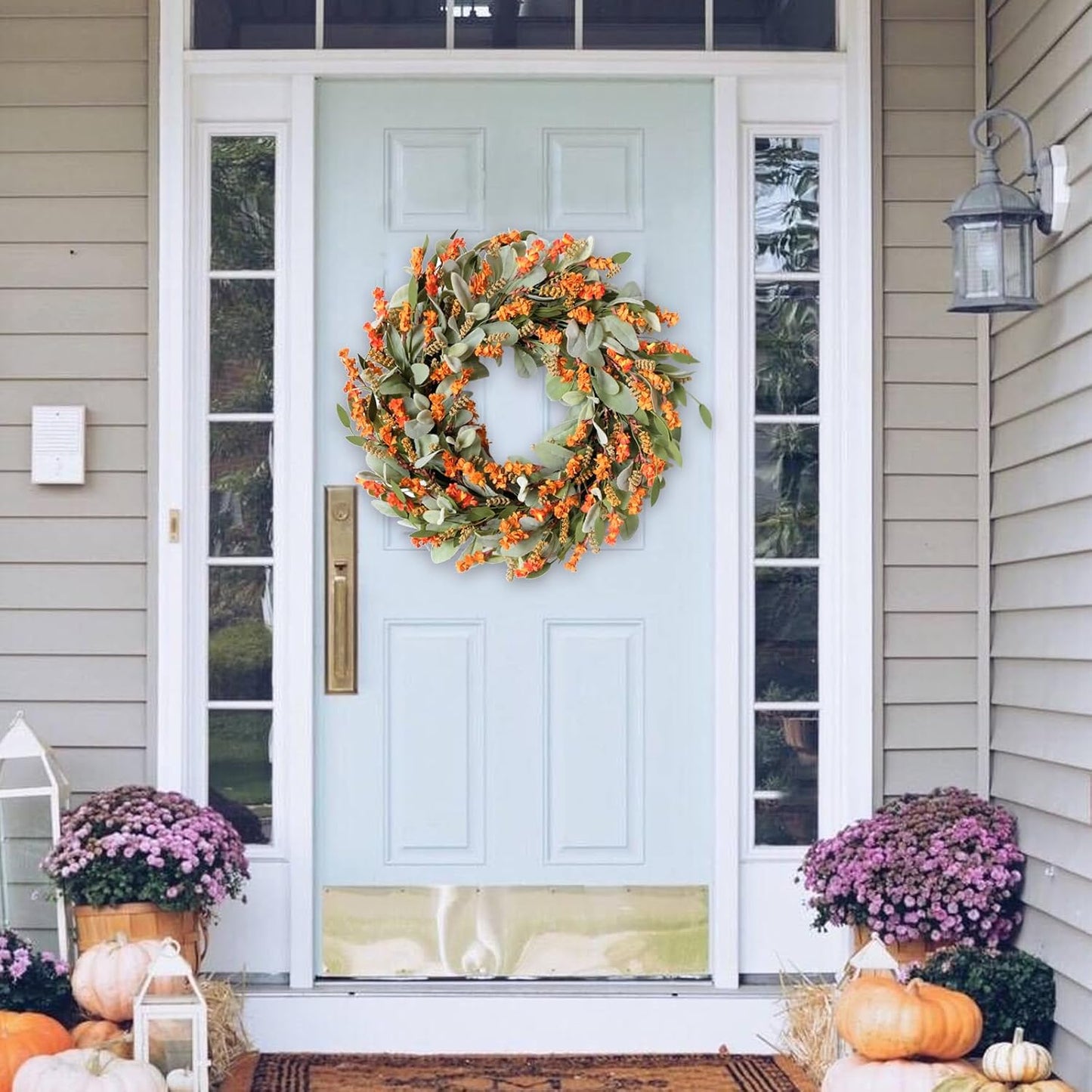 20 Inch Fall Wreath Harvest Orange Flowers Grain Wreath for Front Door, Everyday Lamb Ears Leaves with Yellow Orange Artificial Flower Wreaths for Indoor and Outdoor, Rustic and Farmhouse Wreaths