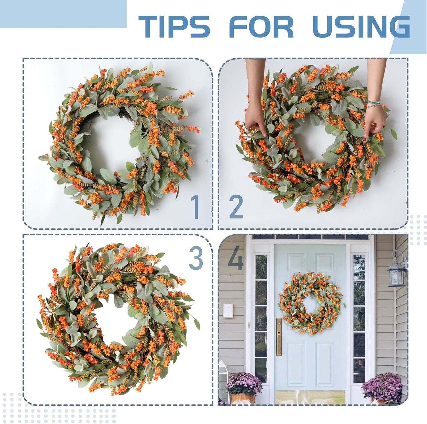 20 Inch Fall Wreath Harvest Orange Flowers Grain Wreath for Front Door, Everyday Lamb Ears Leaves with Yellow Orange Artificial Flower Wreaths for Indoor and Outdoor, Rustic and Farmhouse Wreaths