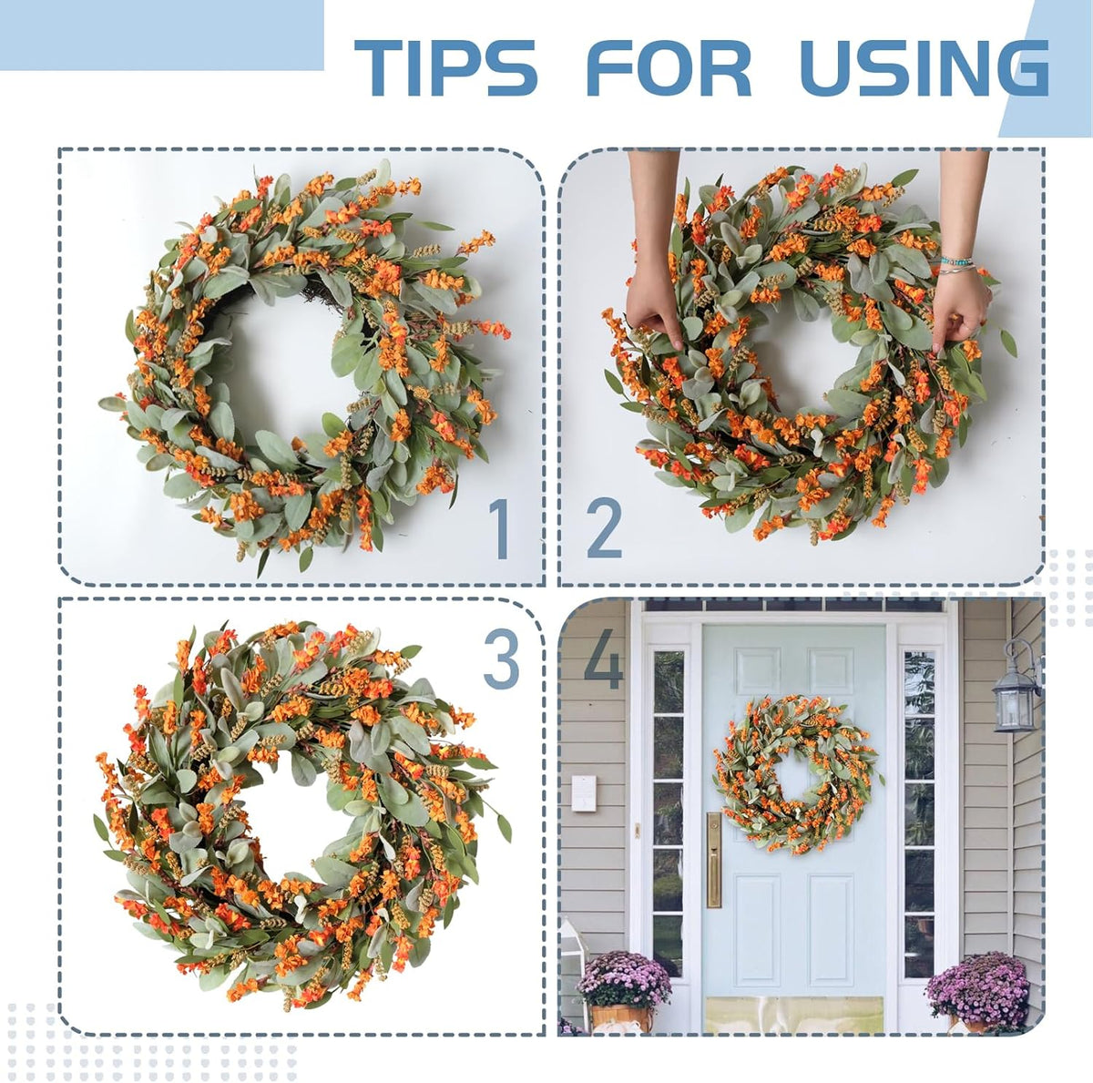 20 Inch Fall Wreath Harvest Orange Flowers Grain Wreath for Front Door, Everyday Lamb Ears Leaves with Yellow Orange Artificial Flower Wreaths for Indoor and Outdoor, Rustic and Farmhouse Wreaths