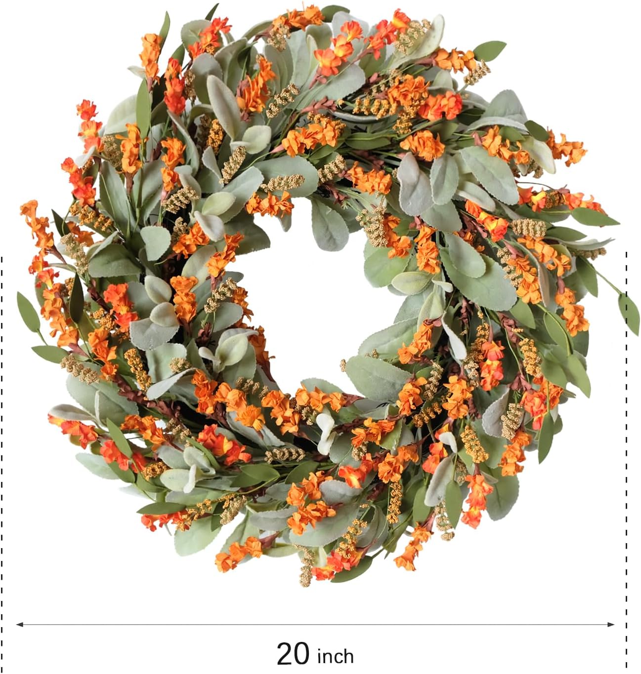 20 Inch Fall Wreath Harvest Orange Flowers Grain Wreath for Front Door, Everyday Lamb Ears Leaves with Yellow Orange Artificial Flower Wreaths for Indoor and Outdoor, Rustic and Farmhouse Wreaths