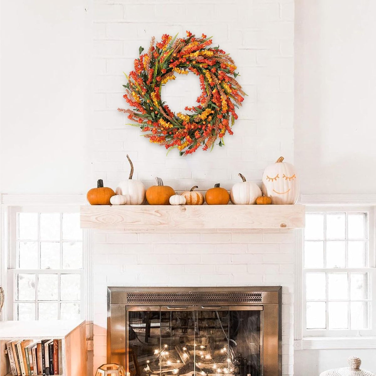 22 Inch Fall Flower Wreath for Front Door, Autumn Yellow Orange Forsythia Flower Indoor Outdoor Wreath with Berries Foam Leaves
