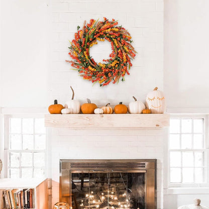 22 Inch Fall Flower Wreath for Front Door, Autumn Yellow Orange Forsythia Flower Indoor Outdoor Wreath with Berries Foam Leaves